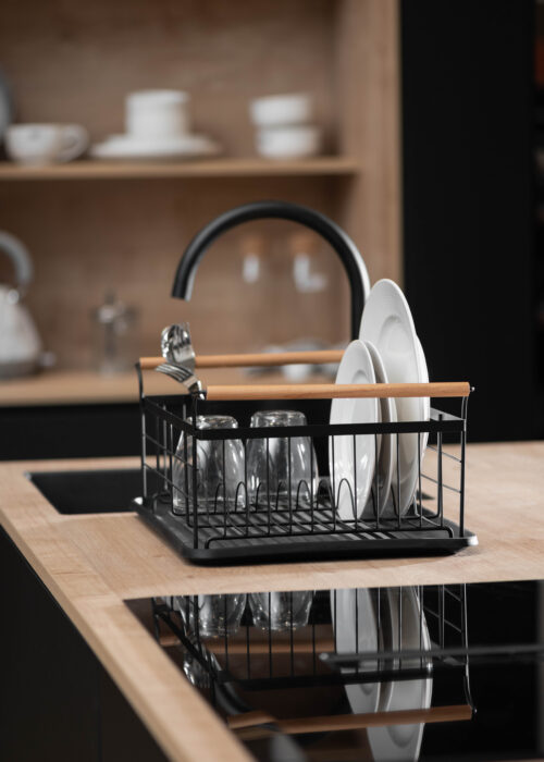 Black Dish Rack with Wood Handles