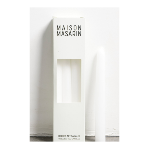Maison Masarin Handcrafted Stick Candles White, Set of 3 – 20 cm package and candle in the official studio photograph