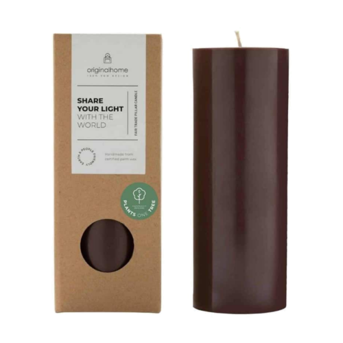 Originalhome Pillar Candle Dark Grape Ø 7.5 × 20 cm with its packaging on a pure white background