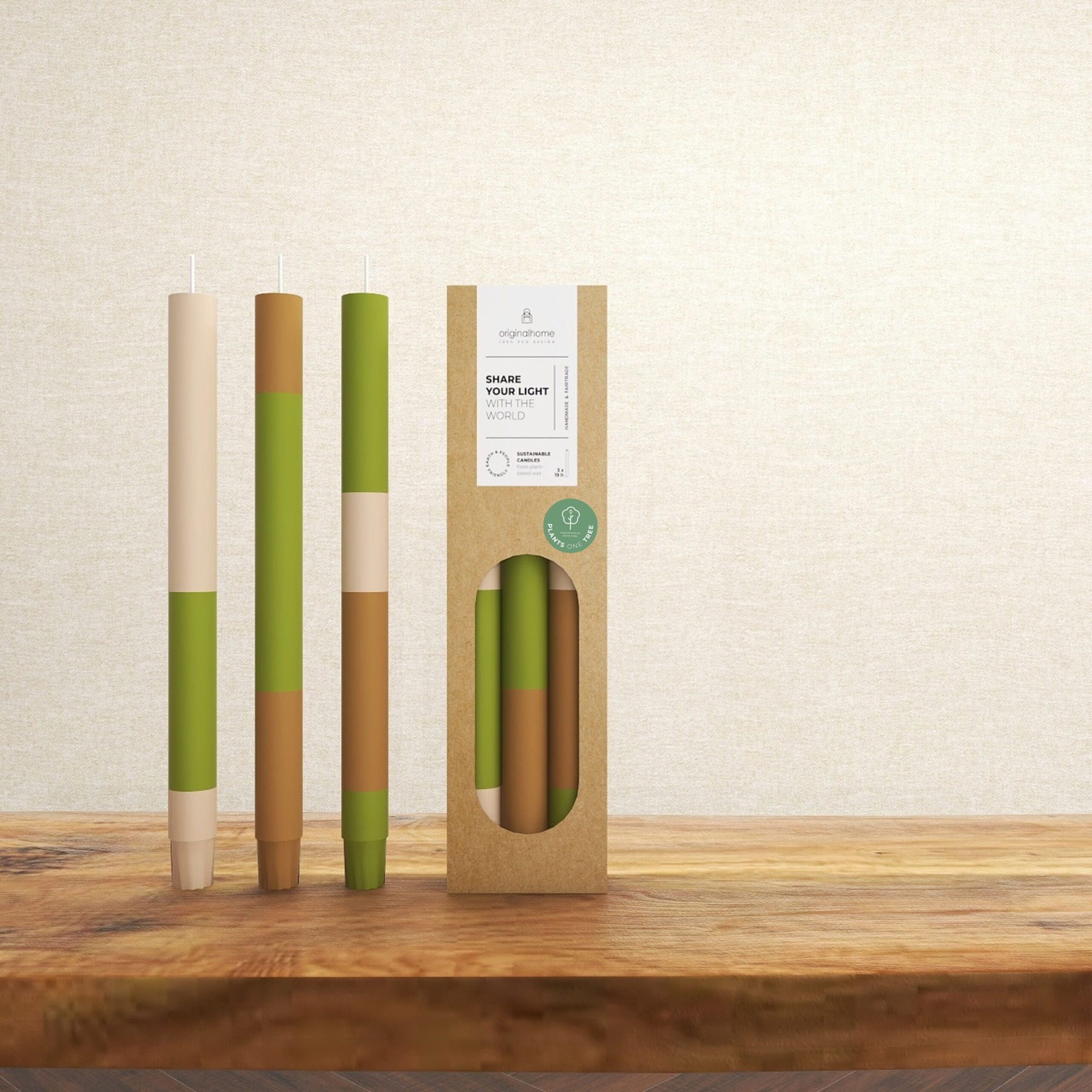 Originalhome Layered Candles Fall, Set of 3 with its packaging in an interior setting