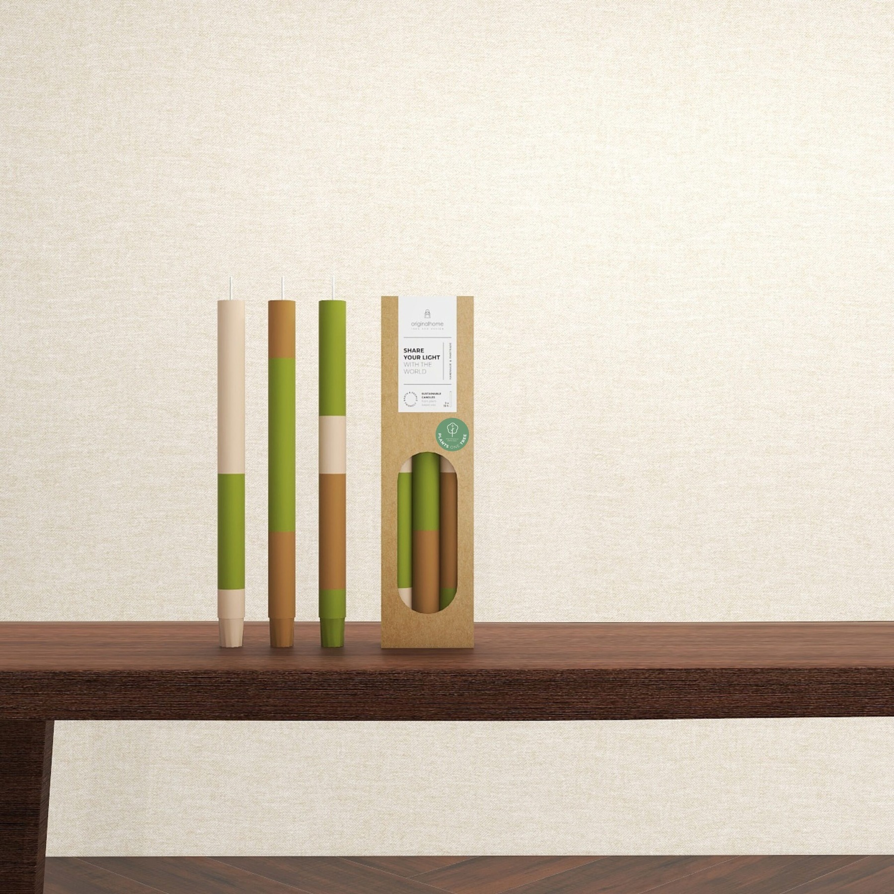 Originalhome Layered Candles Fall, Set of 3 styled on a dark wooden table