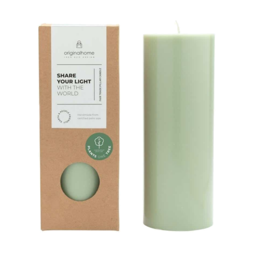 Originalhome Pillar Candle Green Ø 7.5 × 20 cm with its packaging on a pure white background