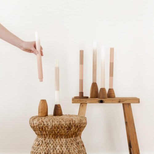 Originalhome Layered Candles Limestone, Set of 3 styled with wooden candle holders