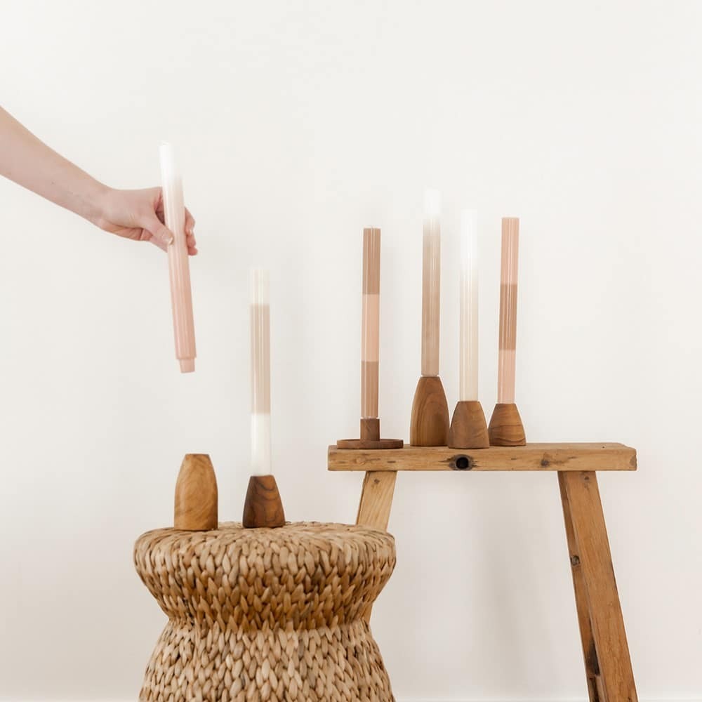 Originalhome Layered Candles Limestone, Set of 3 styled with wooden candle holders