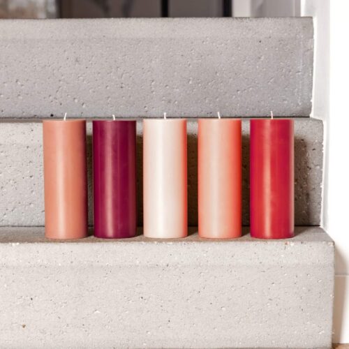 Originalhome Pillar Candle Red Ø 7.5 × 20 cm styled with other Originalhome pillar candles