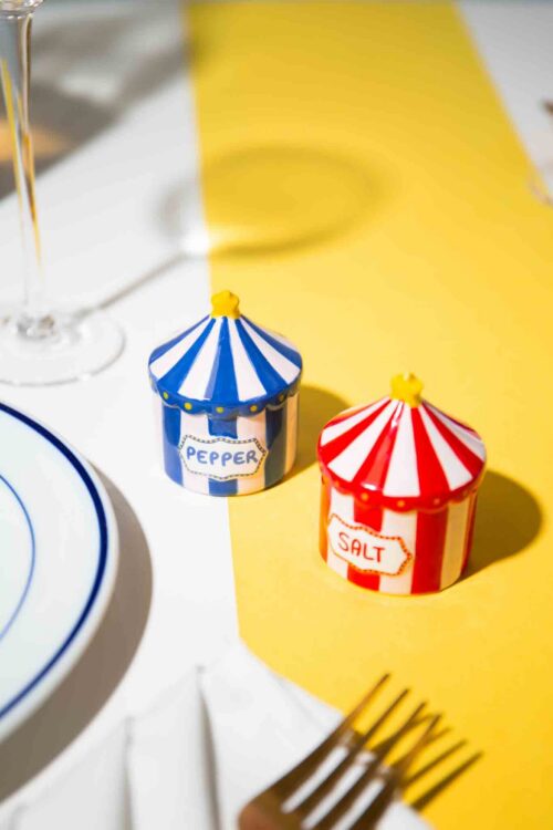 DOIY Funfair Salt & Pepper Shakers on a colourful dining table