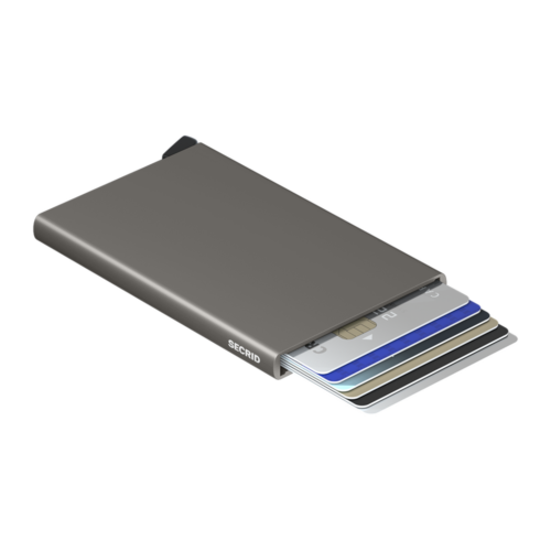 Secrid Cardprotector Earth Grey open with cards extended on a pure white background