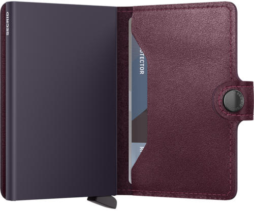 Secrid cranberry-red wallet with the card compartment extended